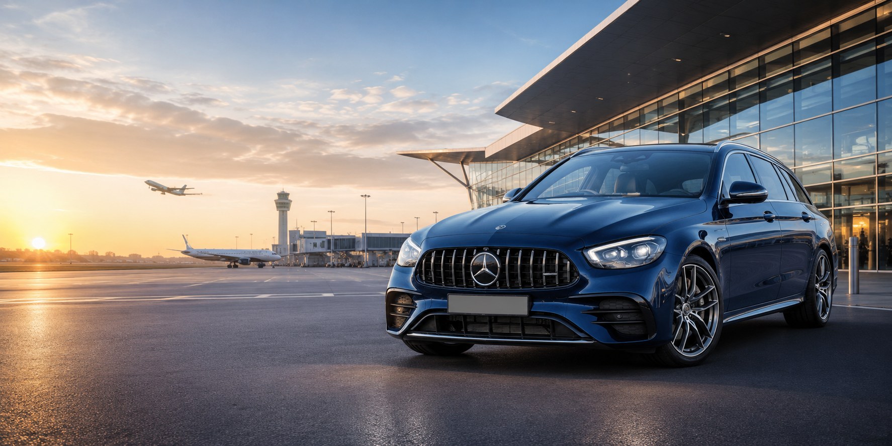 Donkerblauwe Mercedes E-klasse van Marc Cuypers Luchthavenvervoer